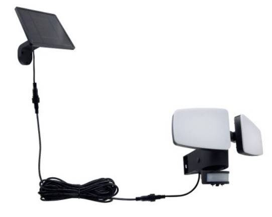 Solární lampa se dvěma LED panely, propojená kabelem se solárním panelem. Ideální pro venkovní osvětlení.