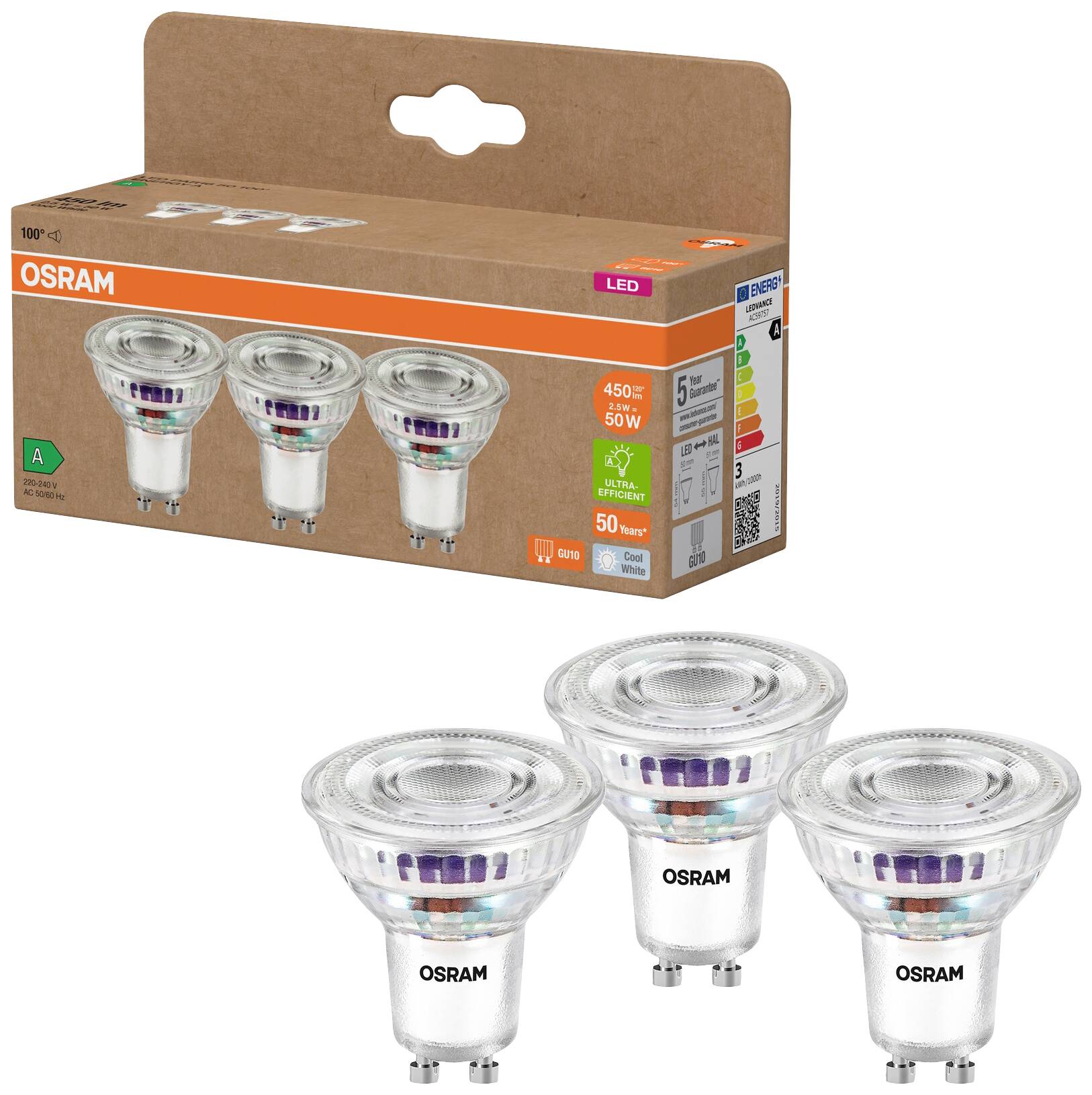 Tři LED žárovky značky OSRAM v obalu. Energetická třída A. Jasné 450 lumenů, náhrada za 50 wattů, 5 let záruky.