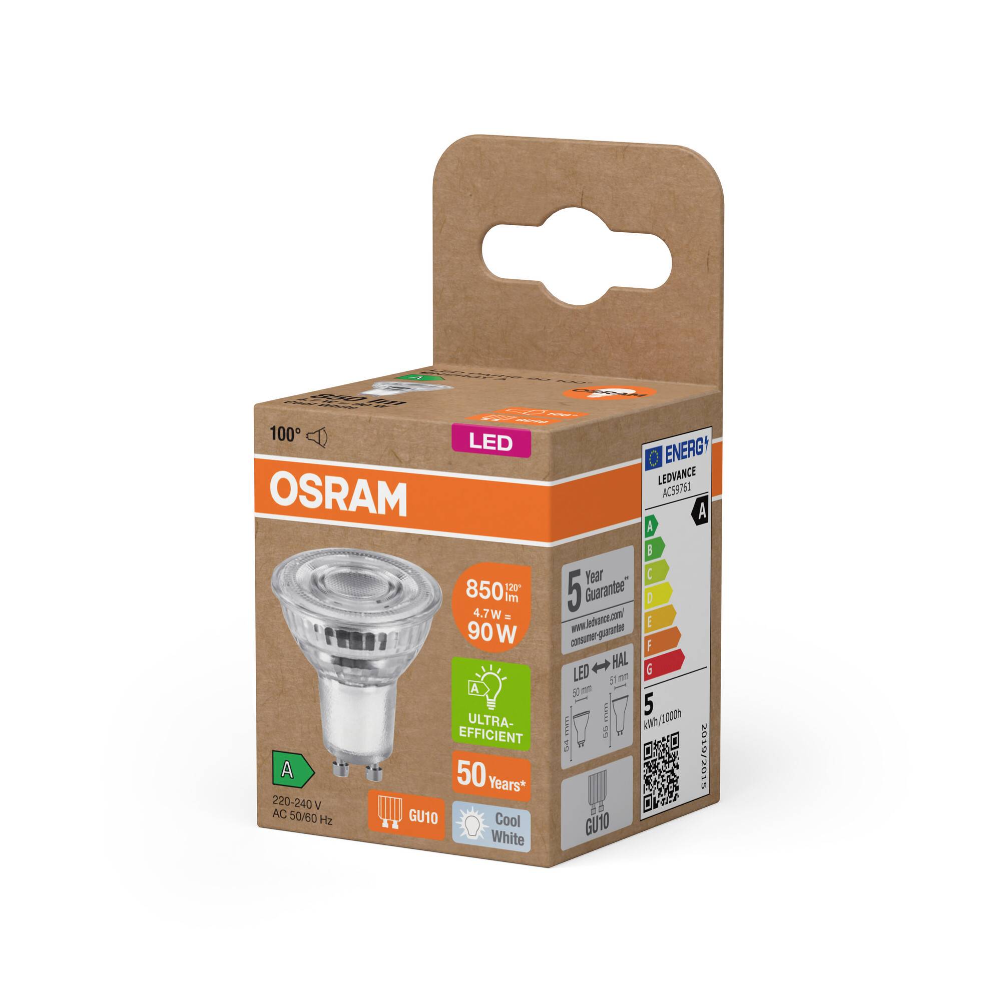 LED žárovka od Osramu v papírové krabičce. Detaily: 850 lumenů, 4,1W, náhrada za 90W, energetická třída F, barva světla 'Studená bílá', životnost 50 let.