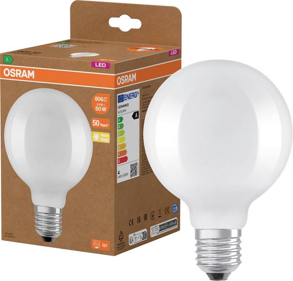OSRAM HOMELIGHTING 4099854235504 LED Energetická třída (EEK2021) A (A - G) E27 kulatý tvar 3.8 W = 60 W teplá bílá (Ø x v) 95 mm x 95 mm vlákno 1 ks