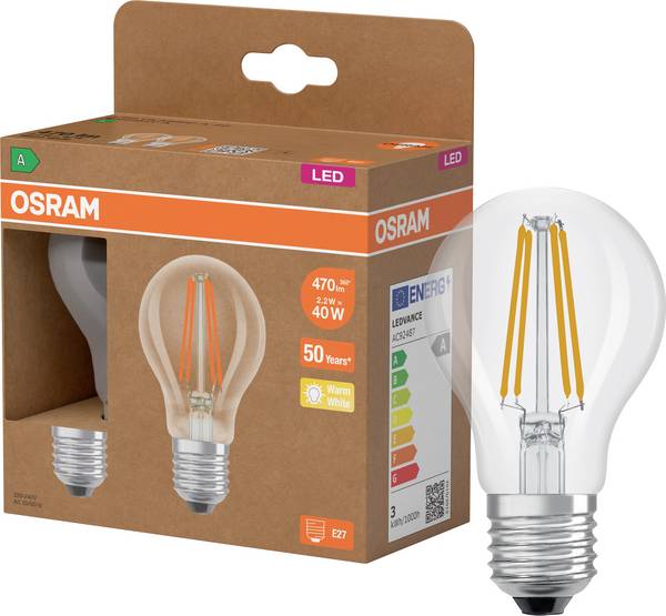 OSRAM HOMELIGHTING 4099854253461 LED Energetická třída (EEK2021) A (A - G) E27 klasická žárovka 2.2 W = 40 W teplá bílá (Ø x v) 60 mm x 60 mm vlákno 2 ks