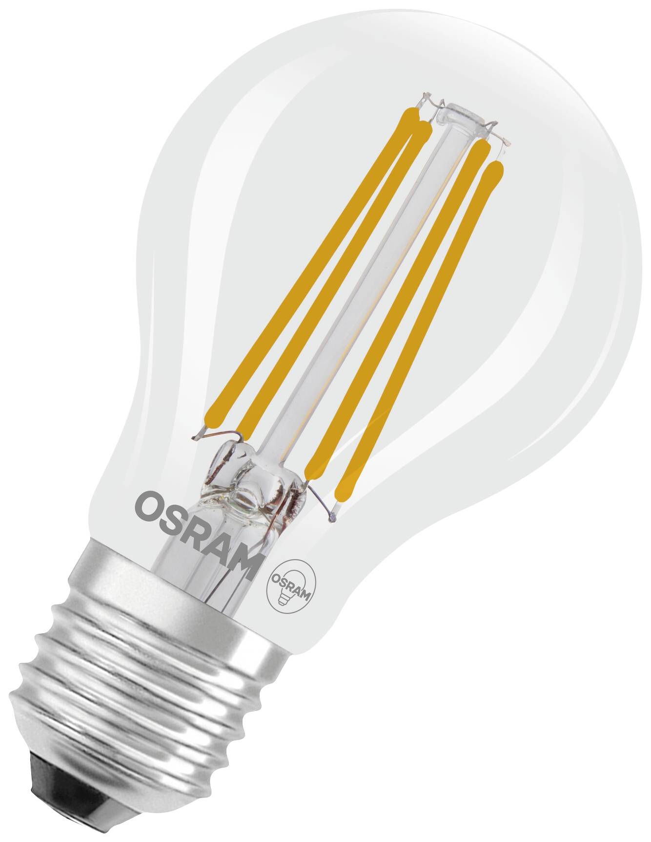Žárovka s vláknovým designem a logem OSRAM, zobrazující moderní LED technologii v klasickém tvaru pro úsporné osvětlení.