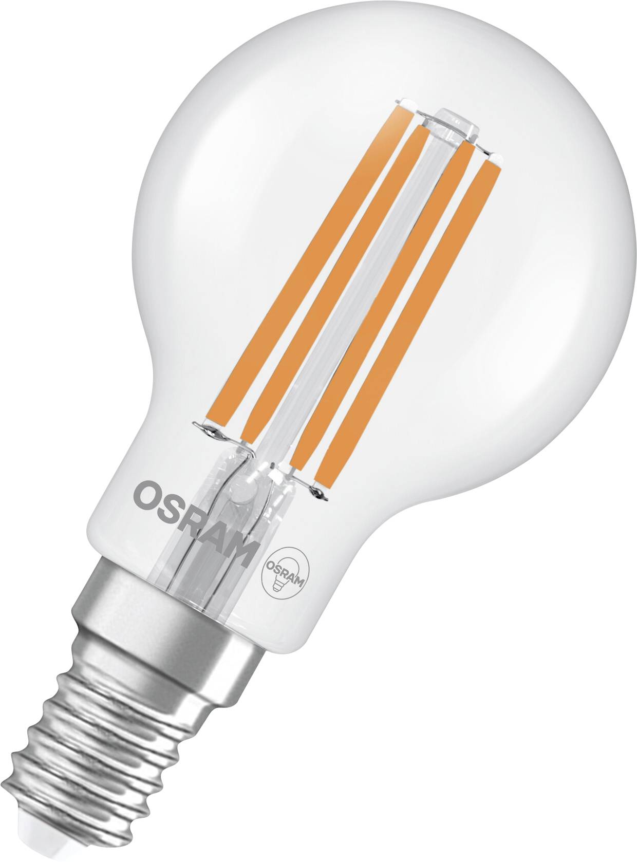 LED žárovka s viditelnými oranžovými vlákny a stříbrnou paticí, vhodná pro energeticky úsporné osvětlení.