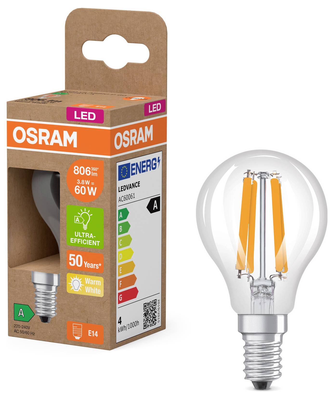 LED žárovka a její obal jsou vyobrazeny. Obal ukazuje energetickou třídu A, 806 lumenů, teplé bílé světlo, 3,8 W.