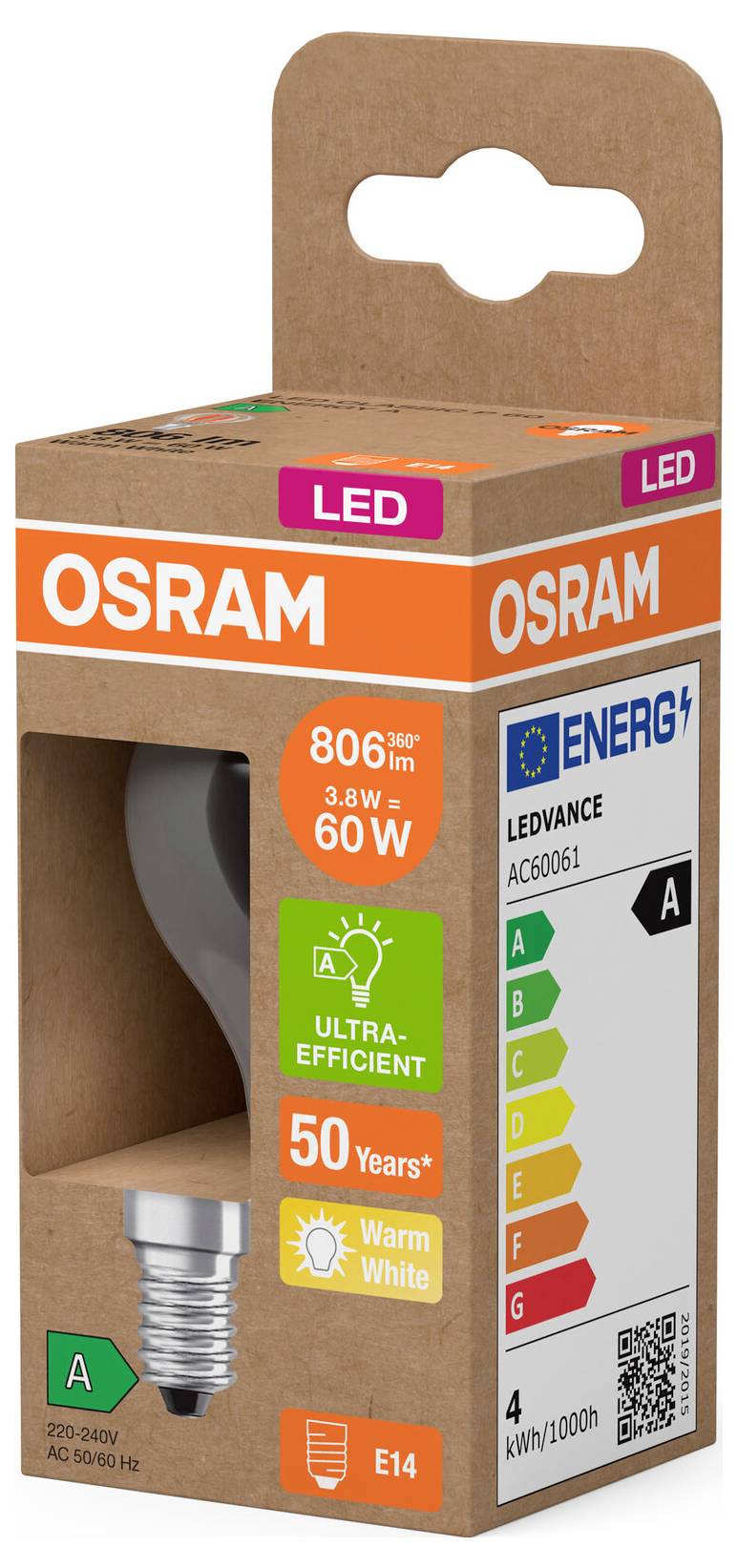 Osvětlení LED žárovka Osram v obalu. Žárovka má světelný tok 806 lumenů, odpovídá 60 W, má teplou bílou barvu světla a je energeticky úsporná.