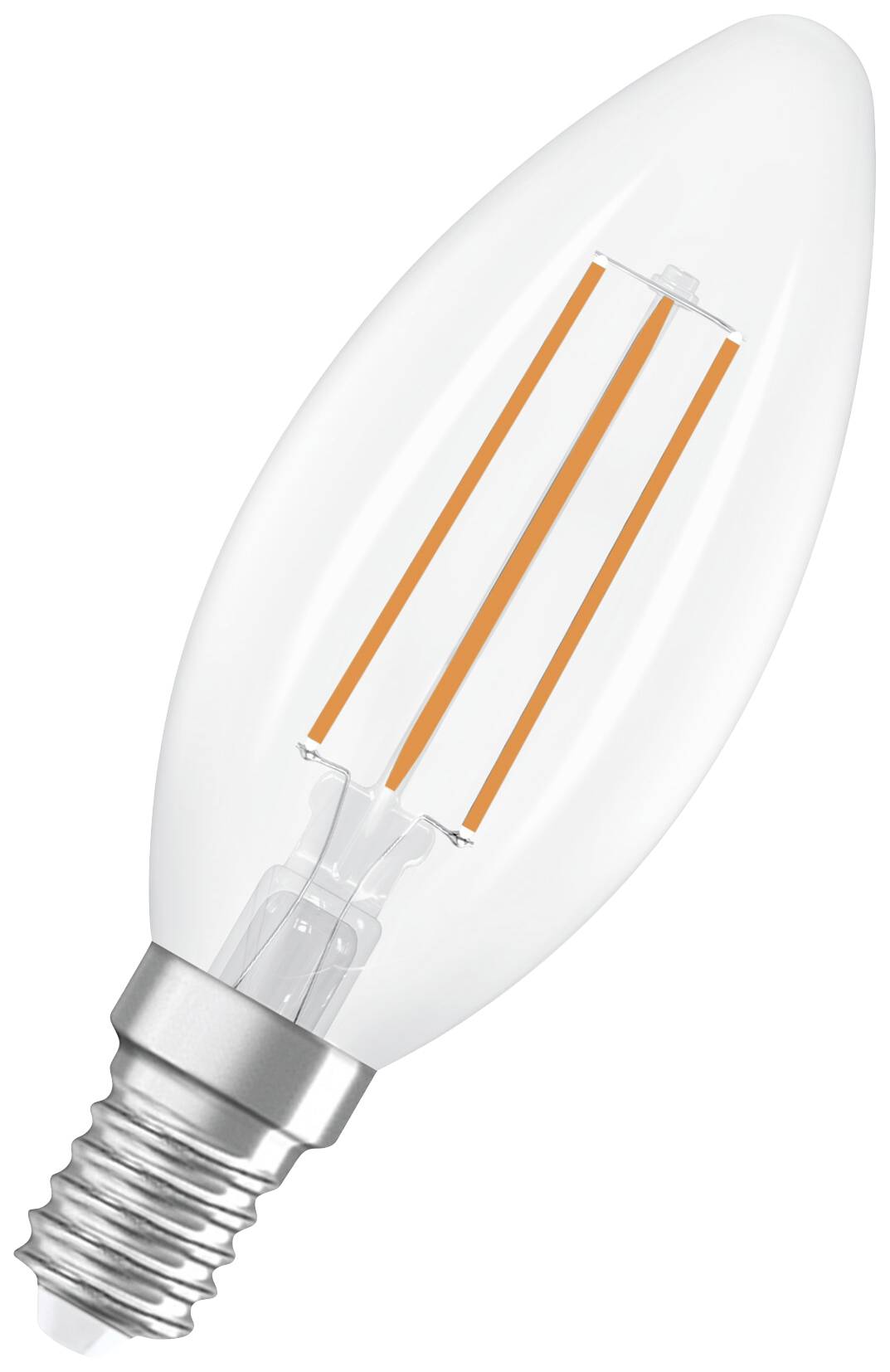 LED žárovka ve tvaru svíčky s paticí E14 a vláknovým designem.