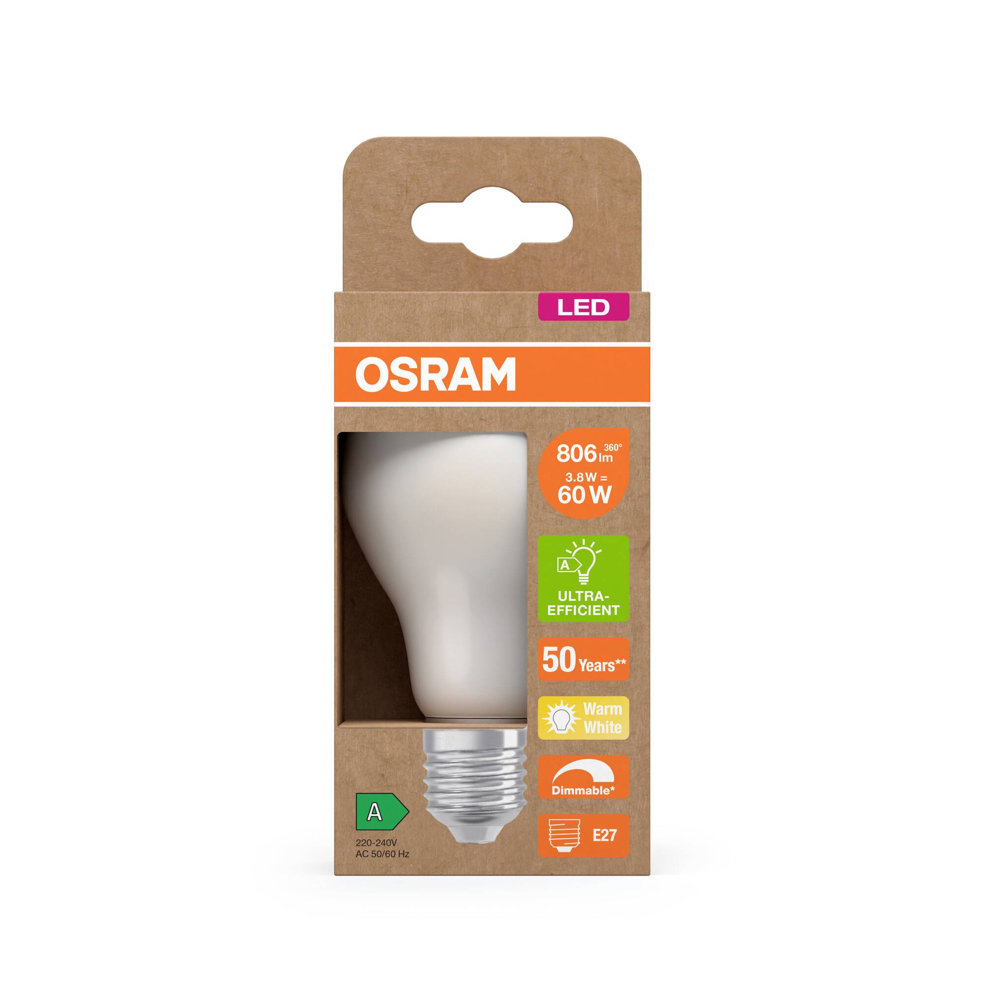 LED žárovka značky OSRAM v obalu. Nabízí 806 lumenů, nahrazuje 60W, je stmívatelná a má životnost 50 let.