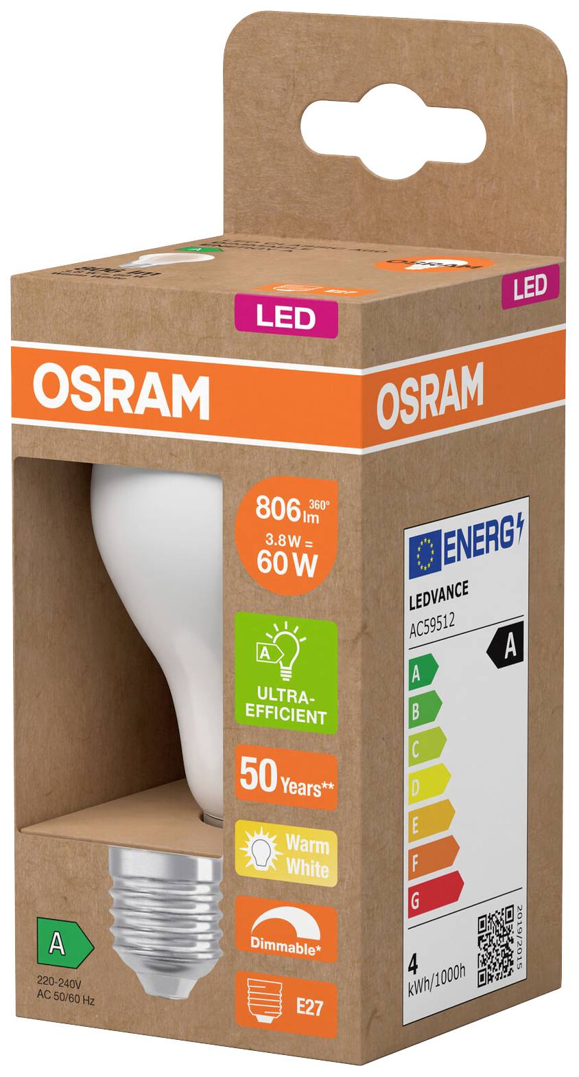 LED žárovka v obalu Osram. Má energetickou třídu A, 806 lumenů, je stmívatelná a nahrazuje příkon 60W.