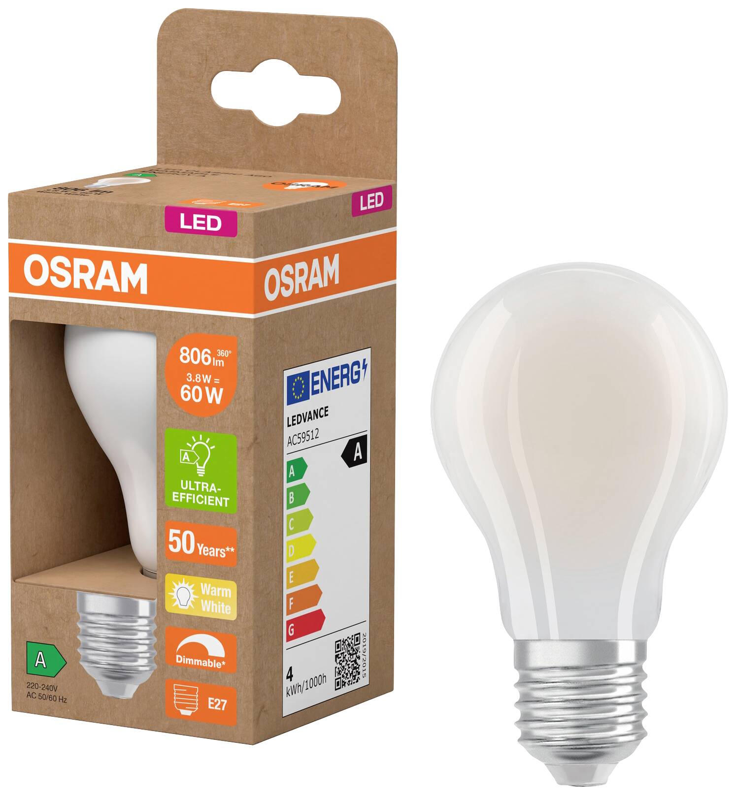 LED žárovka od Osramu s paticí E27, 806 lumenů, 9,5W, teplé bílé světlo. Obal ukazuje energetickou třídu A a stmívatelnou funkci.