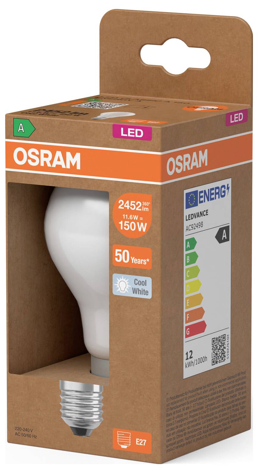 LED žárovka OSRAM v hnědé obchodní krabici, označená 11,6W ekvivalent 150W, studená bílá, 2452 lm, energetická třída A.