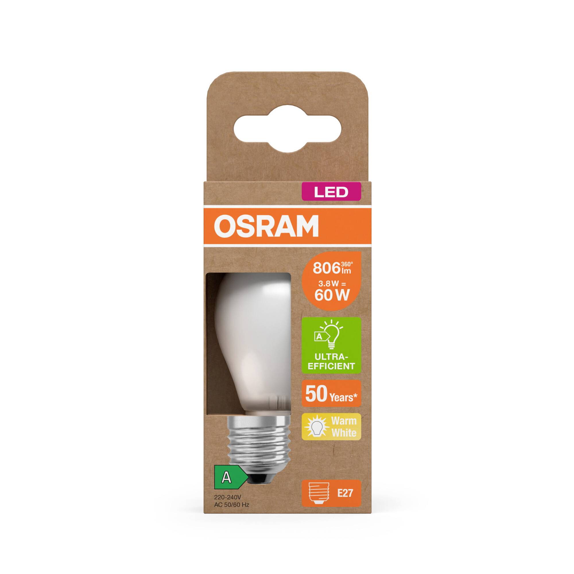 LED žárovka OSRAM v obalu. Poskytuje 806 lumenů, je ultra-úsporná, s teplým bílým světlem a životností 50 let. Energetická třída A.