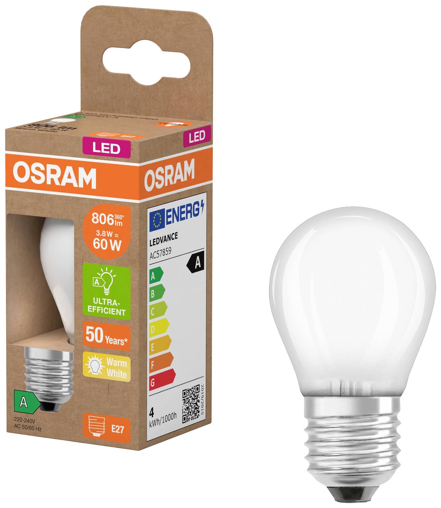 Úsporná LED žárovka od Osramu, teplé bílé světlo, 806 lumenů, ekvivalent 60W. Obal žárovky zobrazuje třídu energetické účinnosti A.