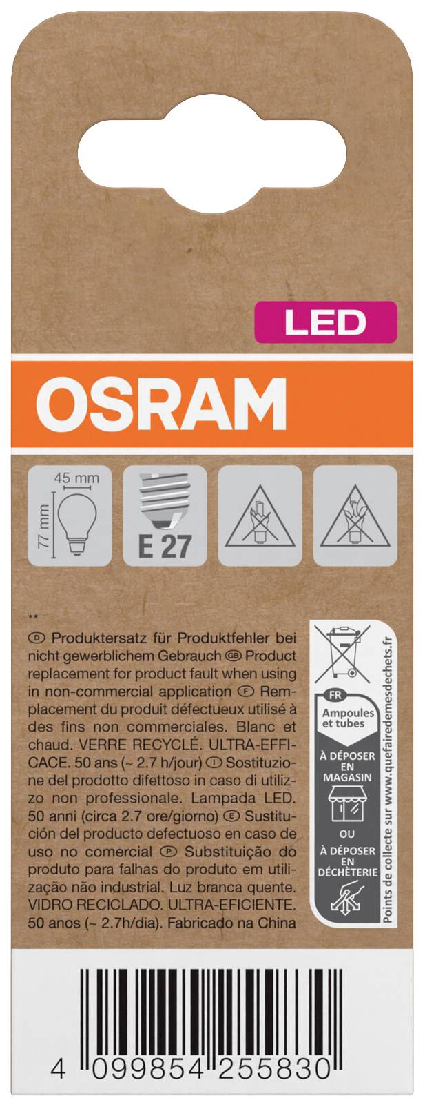 Osvětlení LED žárovka Osram, vhodné pro objímku E27. Příkon 7W, nahrazuje 50W halogenovou žárovku. Obsahuje symboly technických specifikací.