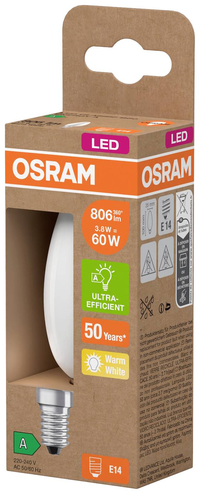 OSRAM HOMELIGHTING 4099854255717 LED Energetická třída (EEK2021) A (A - G) E14 svíčkový tvar 3.8 W = 60 W teplá bílá (Ø 