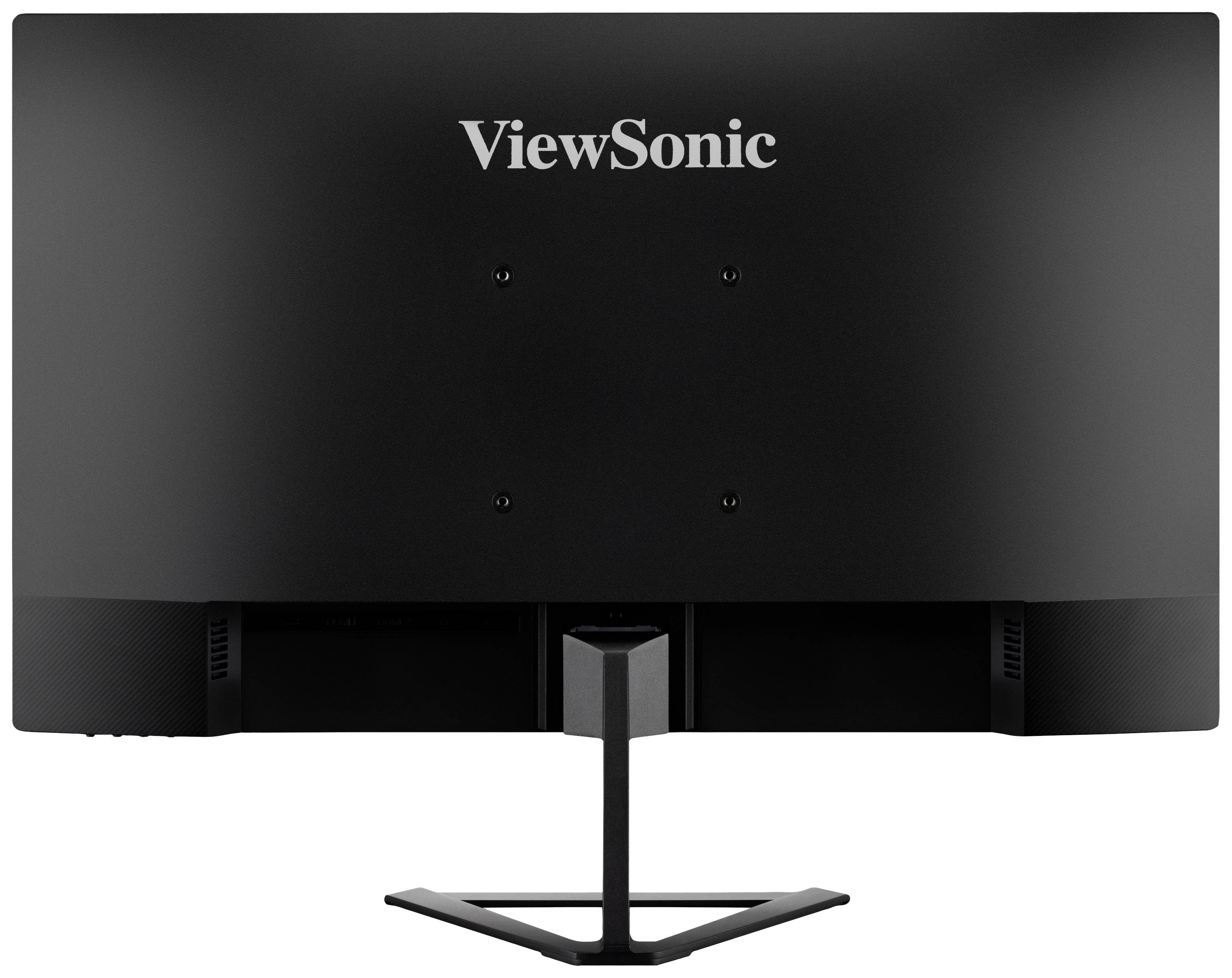 Černý monitor ViewSonic pohledem zezadu, ukazující jednoduché designové řešení a stojan.