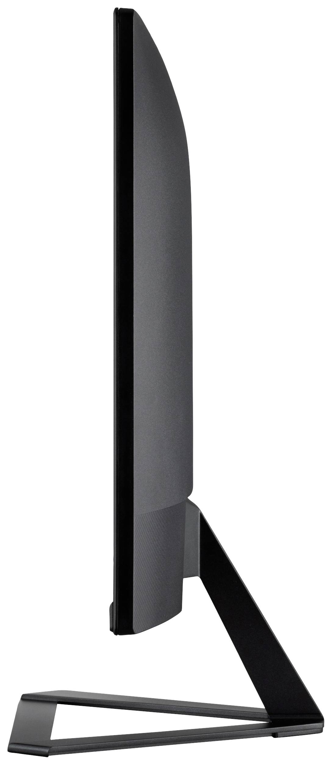 Plochý černý monitor v profilu, umístěný na jednoduchém L-shaped stojanu.