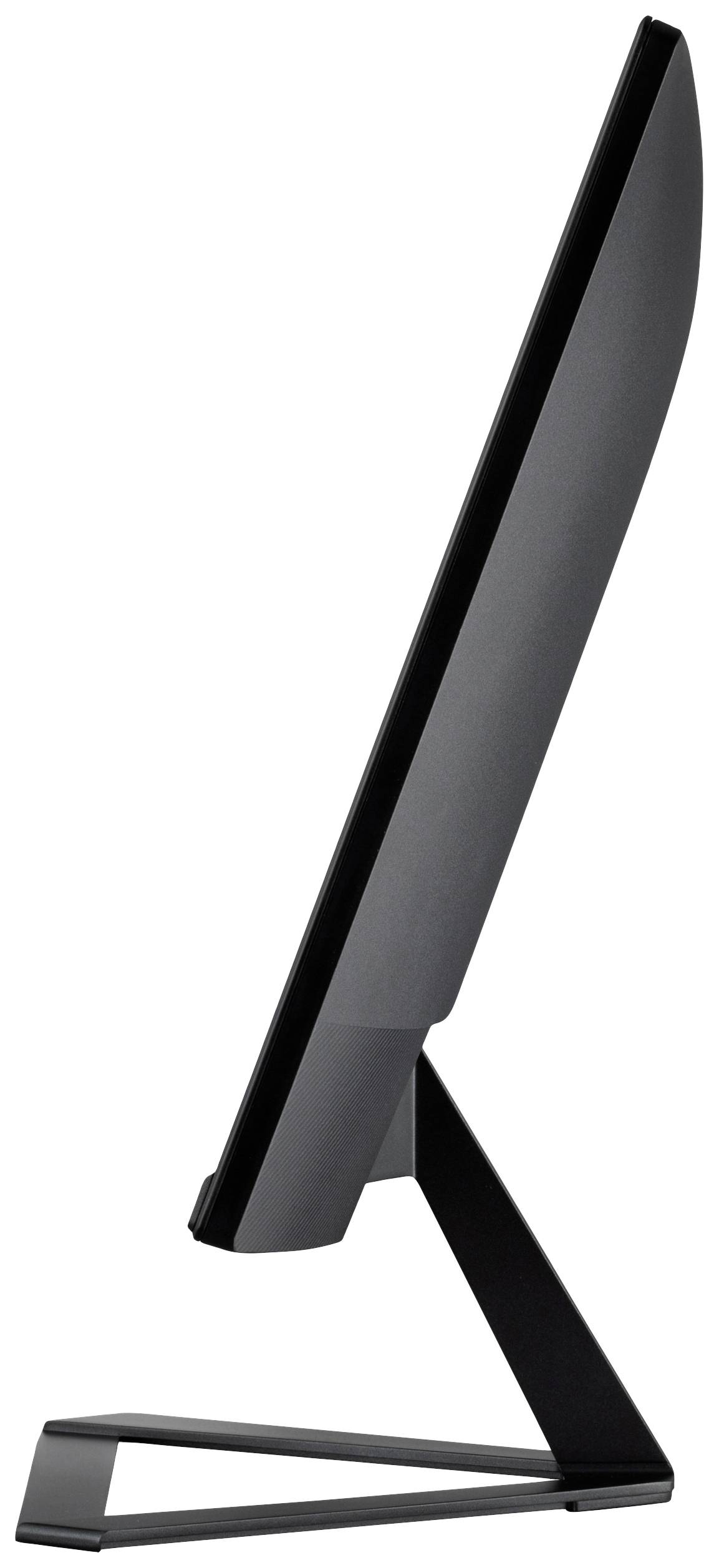 Štíhlý počítačový monitor pohledem z boku, zobrazující tenký, moderní design s minimalistickou základnou.
