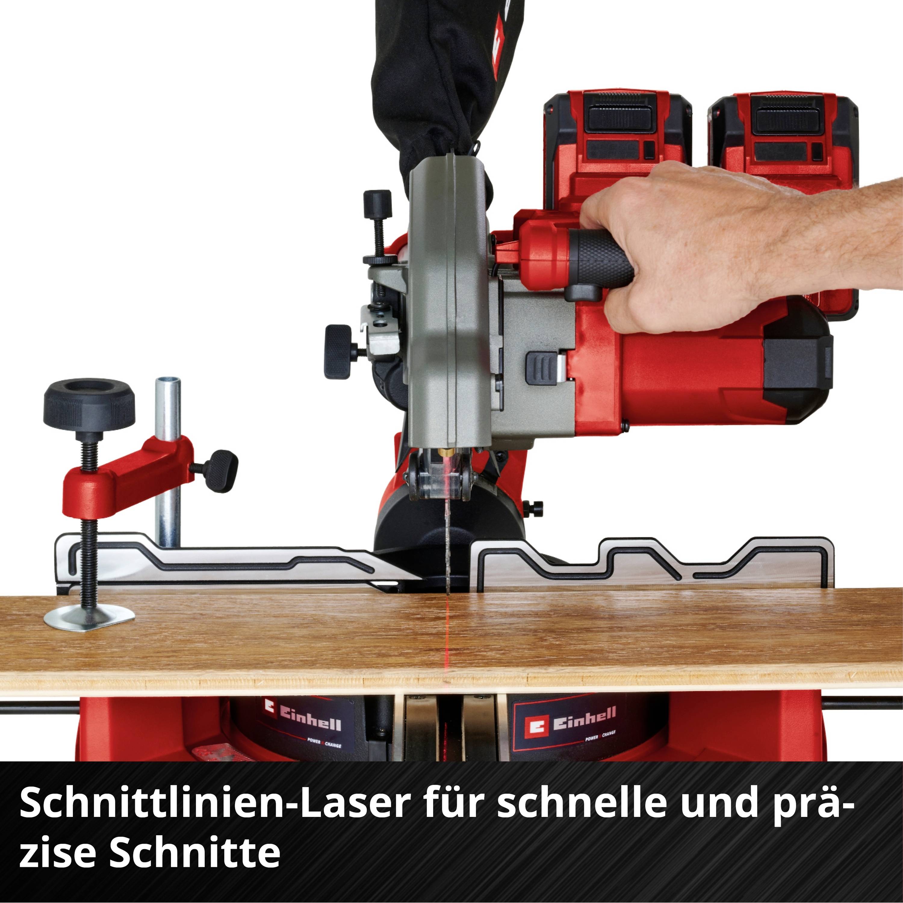 Ruka používá stolní pilu s laserem na řezné linie, která řeže dřevěný díl. Text: 'Laser na řezné linie pro rychlé a přesné řezy'.