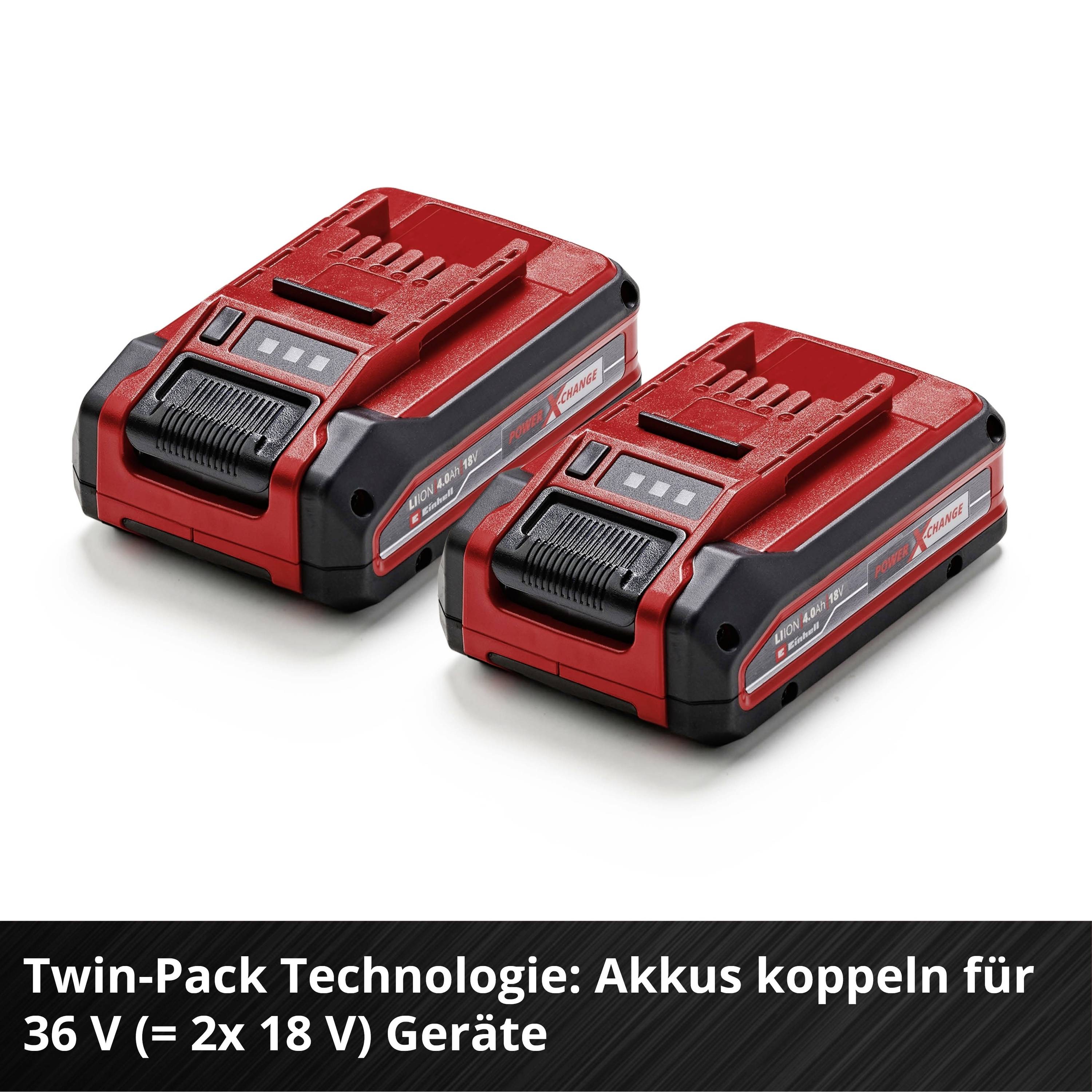 Dva červené akumulátory označené technologií 'Twin-Pack', vhodné pro zařízení s 36 V, což kombinuje dvě 18V baterie.