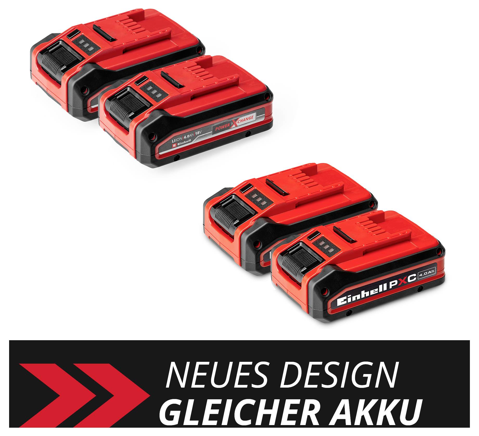 Tři červené akumulátory Einhell vedle sebe. Text dole: „Nový design, stejná baterie".
