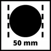 "50 mm" je vyobrazeno pod velkým černým kruhem uprostřed bílého čtverce.