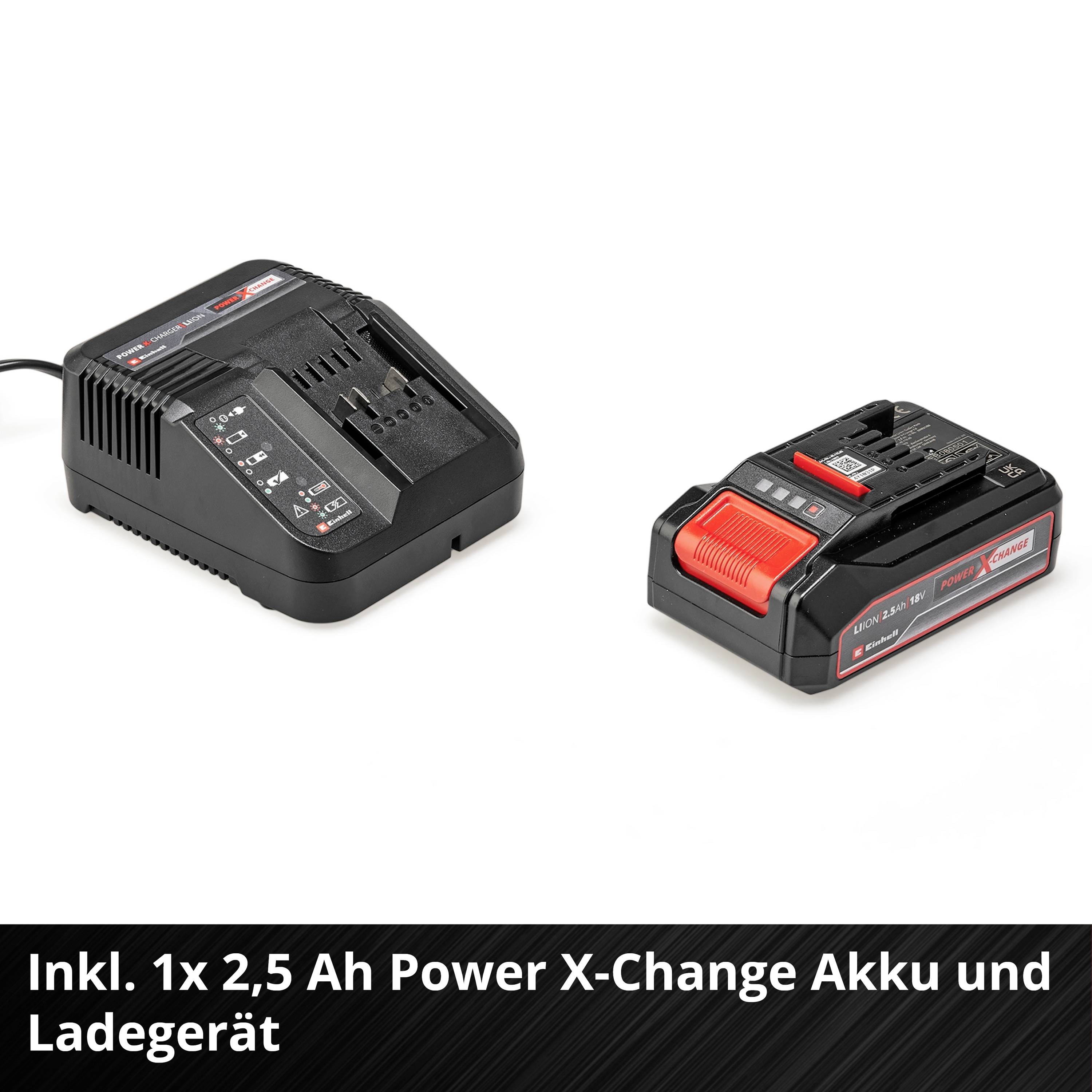 Nabíječka a 2,5 Ah Power X-Change akumulátor na bílém pozadí. Text v dolní části: 'Včetně 1x 2,5 Ah Power X-Change akumulátoru a nabíječky'.