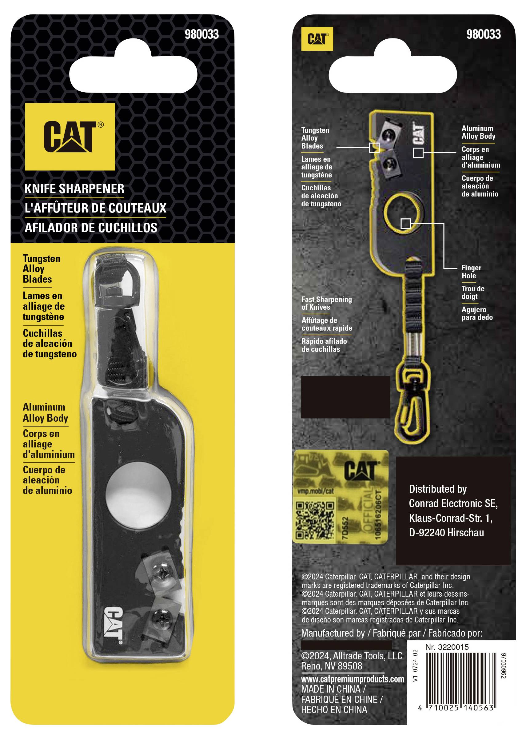 Brousek na nože 'CAT' v černém balení. Obsahuje čepel s ergonomickou rukojetí a otvorem pro snadnější manipulaci. Vhodný pro všechny typy nožů.