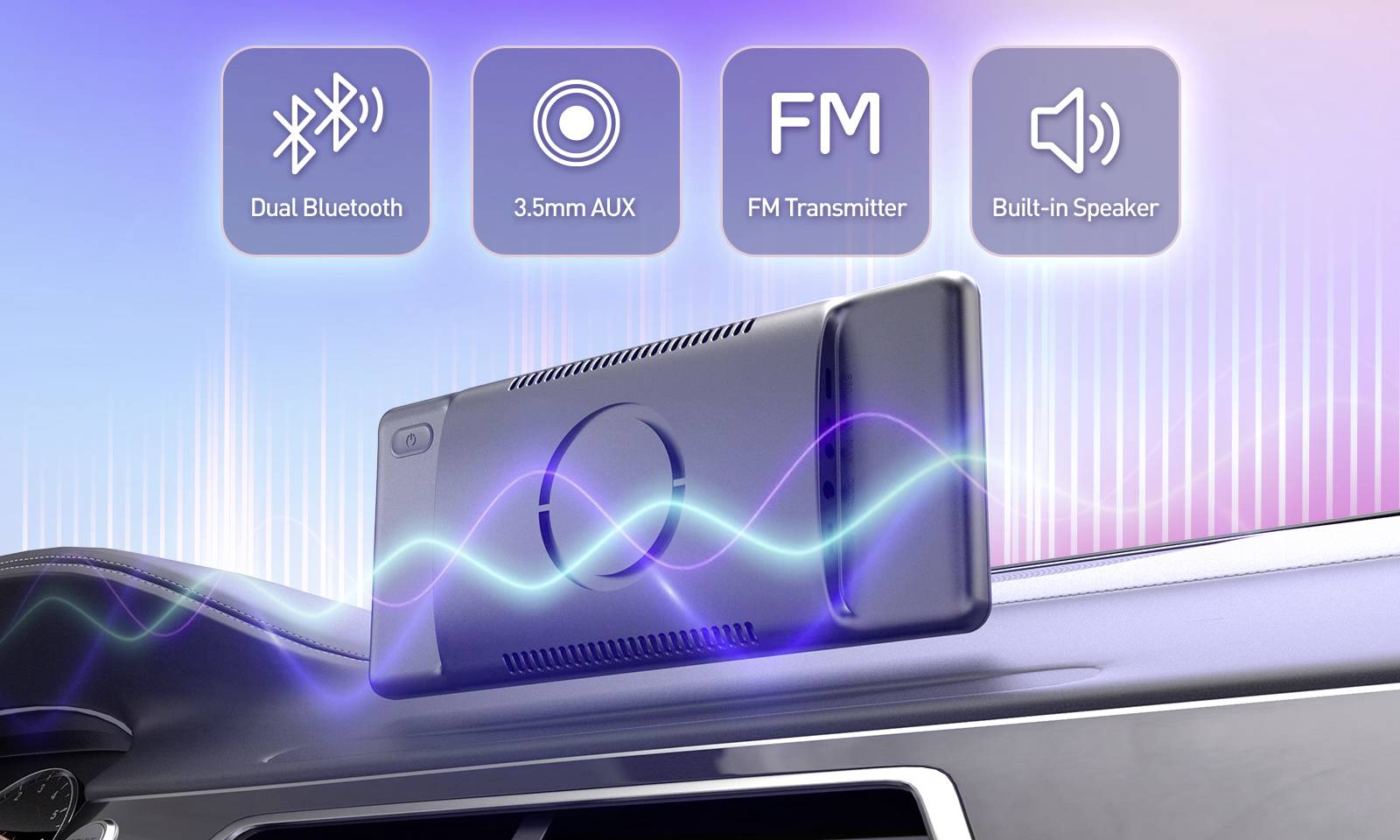 Přenosný FM vysílač a reproduktor na palubní desce, s symboly pro Bluetooth, AUX vstup, FM vysílač a integrovaný reproduktor.