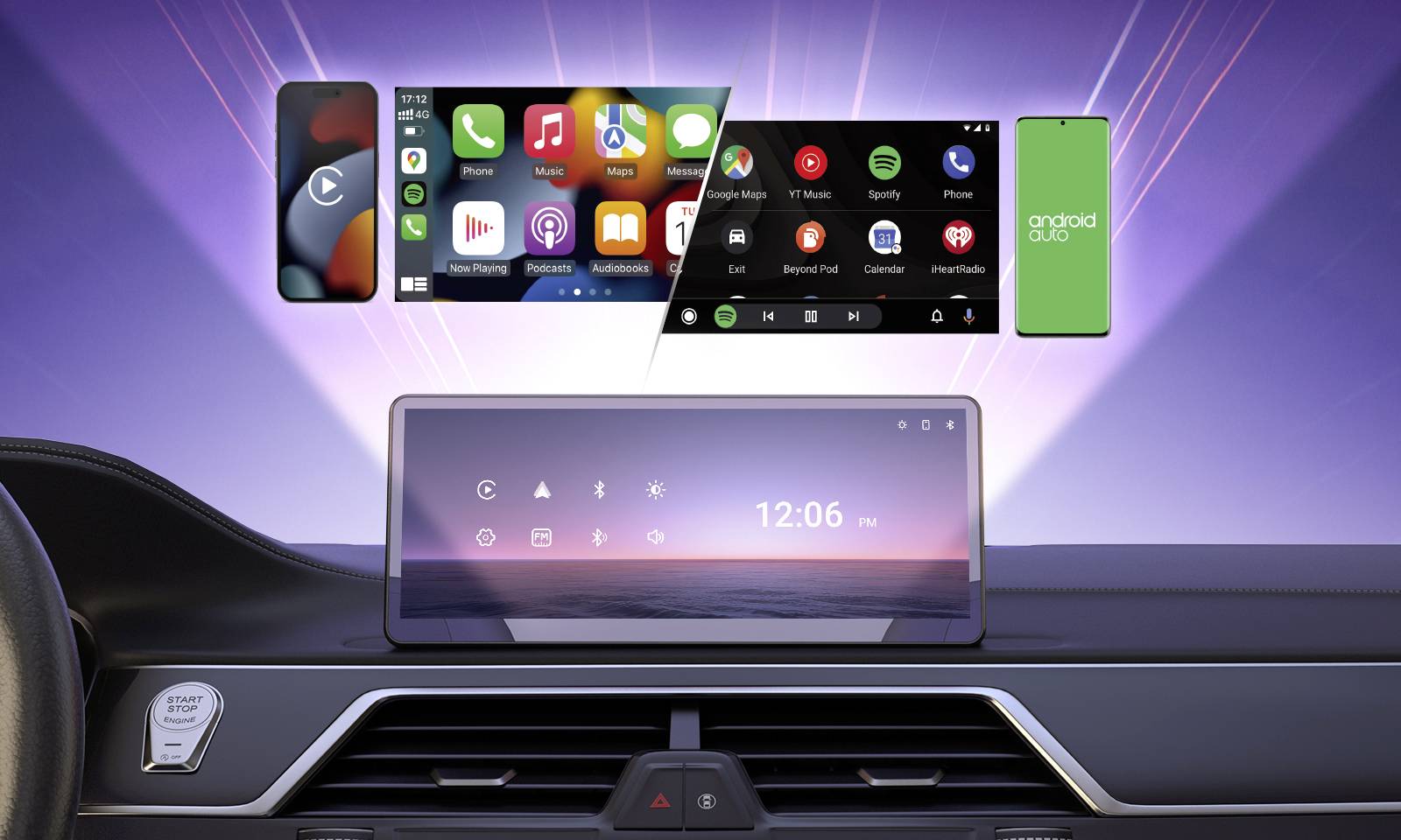 Moderní systém automobilového infotainmentu zobrazuje centrální displej s hodnotami času a dvěma rozhraními smartphonů, které jsou připojeny bezdrátově.
