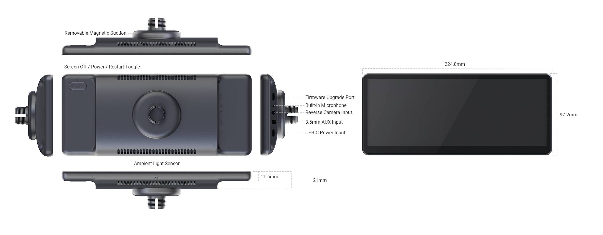 Zobrazení fotoaparátu s odnímatelnou magnetickou sekcí, senzorem a konektory. Rozměry: 224,8 mm x 97,3 mm x 24,4 mm.