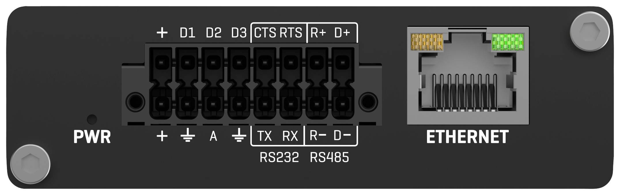 Přední strana síťového zařízení s napájecím konektorem, porty RS232 a RS485, jakož i ethernetovým portem s indikačními LED diodami.
