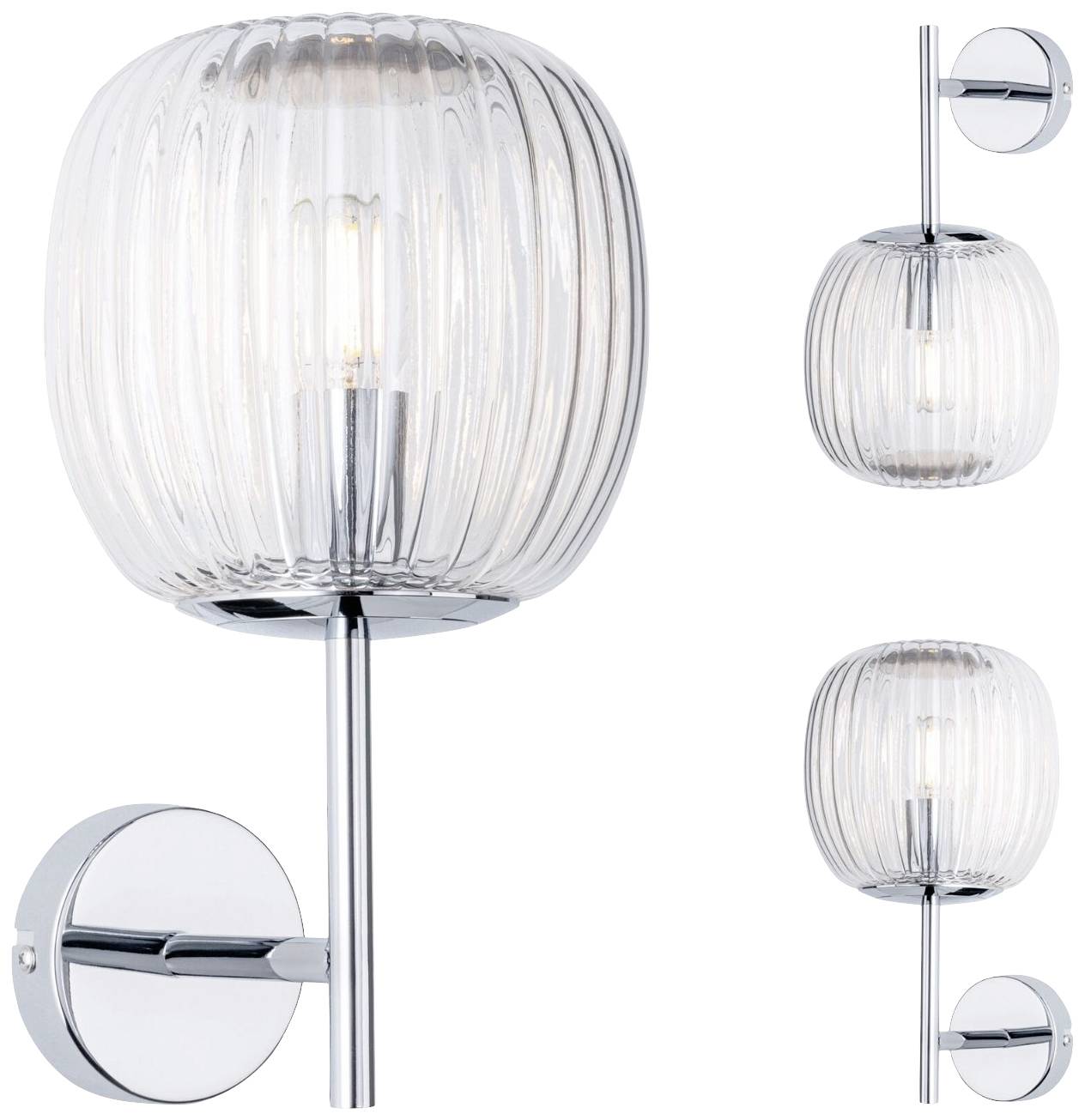 Nástěnná lampa s vroubkovaným, průhledným sklem rozptyluje světlo. Chromová struktura, moderní design, vhodná do interiérů.