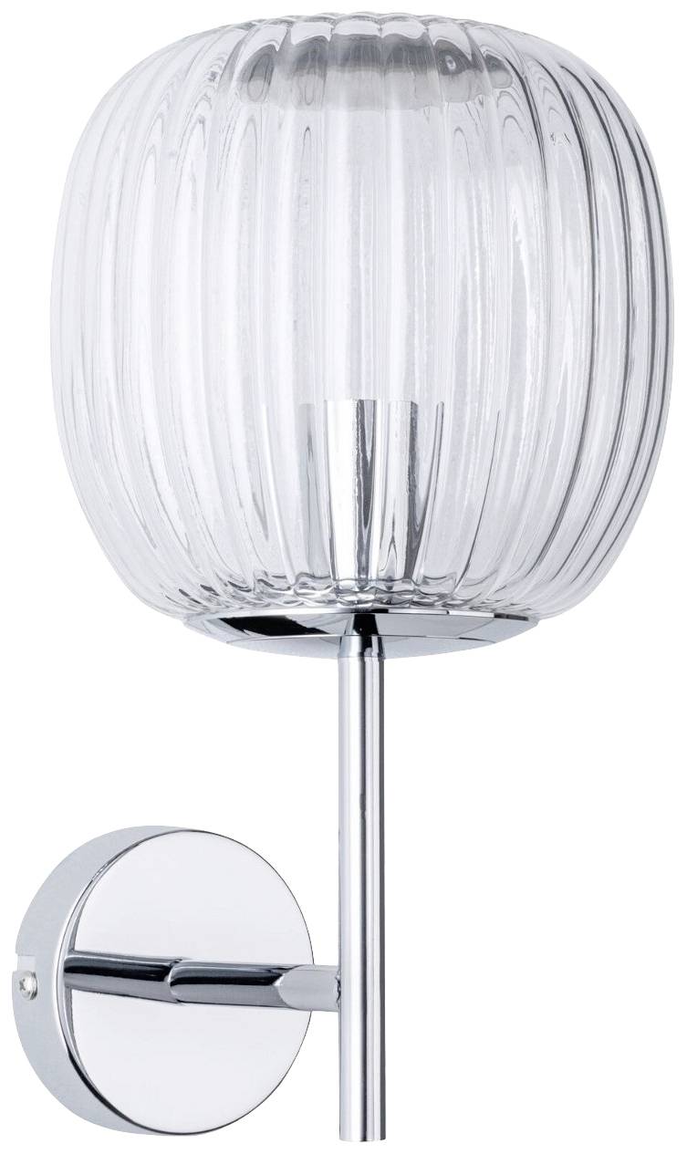 Nástěnná lampa z pochromovaného kovu s žebrovaným, kulovitým skleněným difuzorem. Moderní design, vhodný pro vnitřní osvětlení.