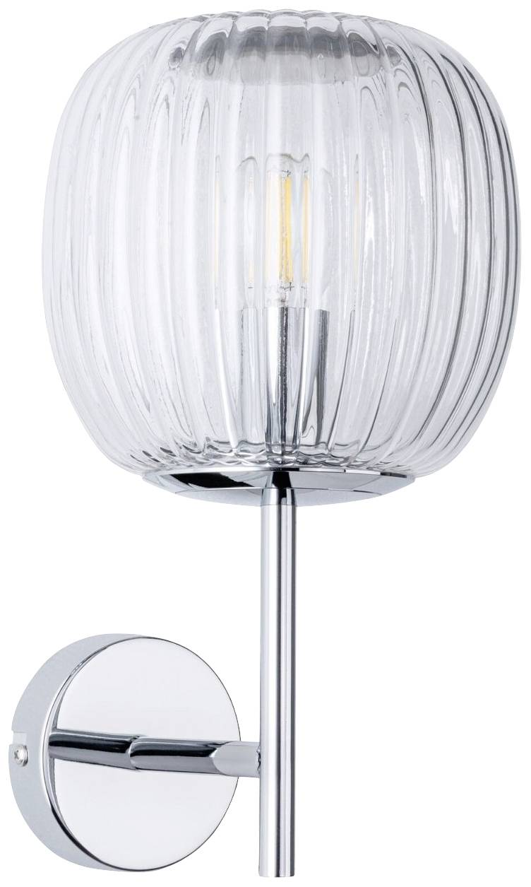 Nástěnná lampa s žebrovaným, průhledným skleněným stínidlem a lesklým, chromovaným ramenem. Vhodná pro moderní interiéry.