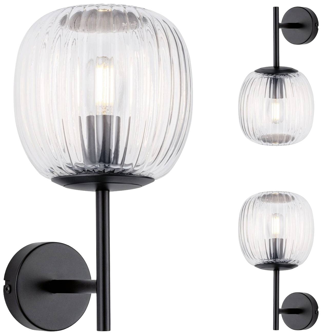 Černá nástěnná lampa s čirým, vroubkovaným sklem pro moderní, elegantní vzhled. Tři pohledy ukazují design z různých úhlů.