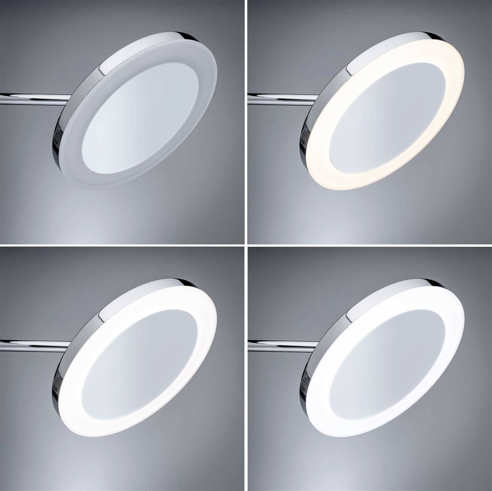 Čtyři obrázky kulaté, moderní stropní lampy z kovu, znázorňující různé úrovně osvětlení od vypnuto až po plnou intenzitu.