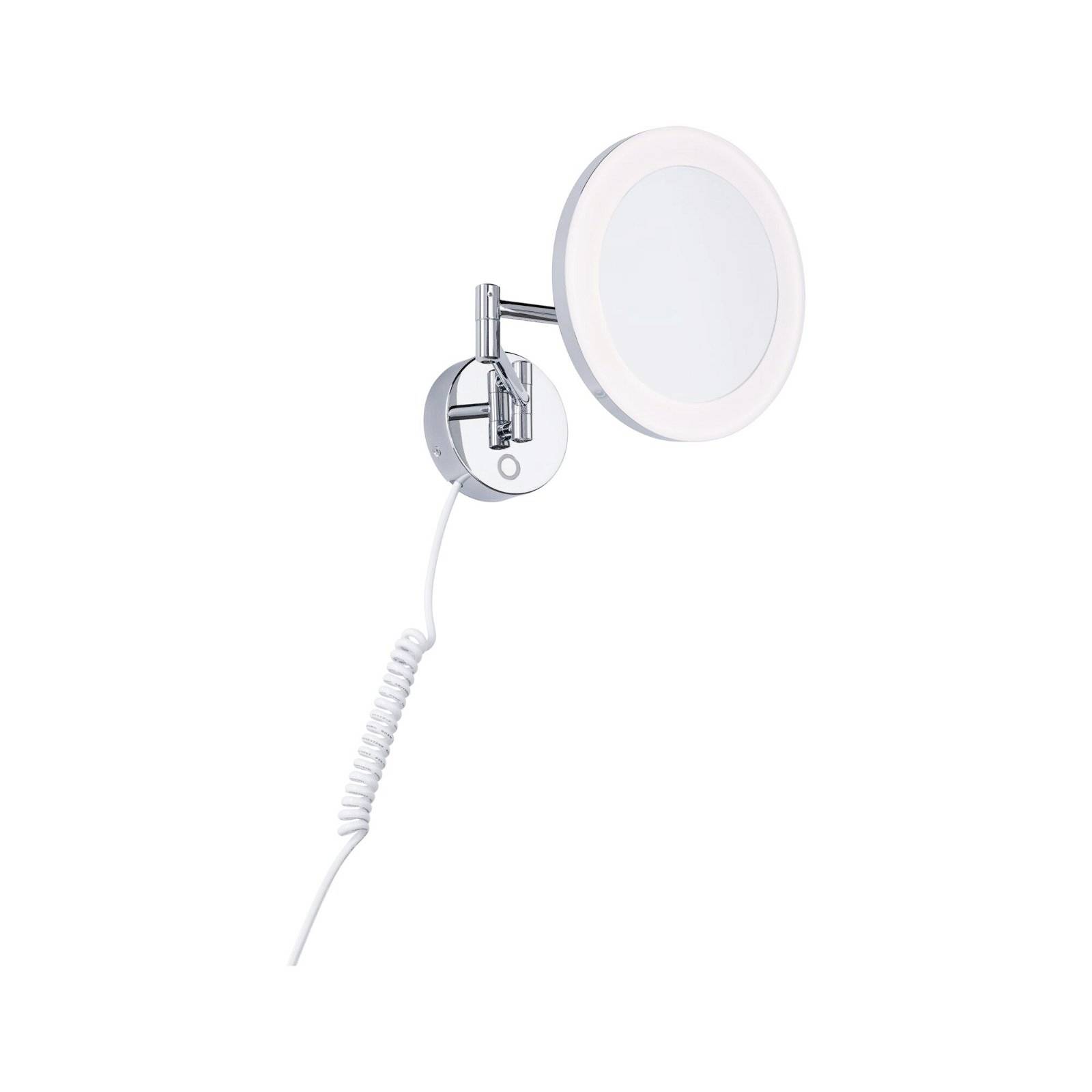 Zvětšovací zrcadlo s osvětlením, montované na stěnu. Chromový povrch, spirálový přívodní kabel, moderní design.