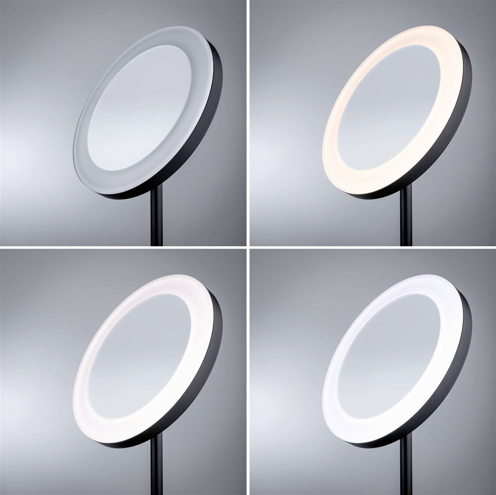 Čtyři kulaté lampy ukazují různé intenzity a teploty světla od teplé po studenou na šedém pozadí.
