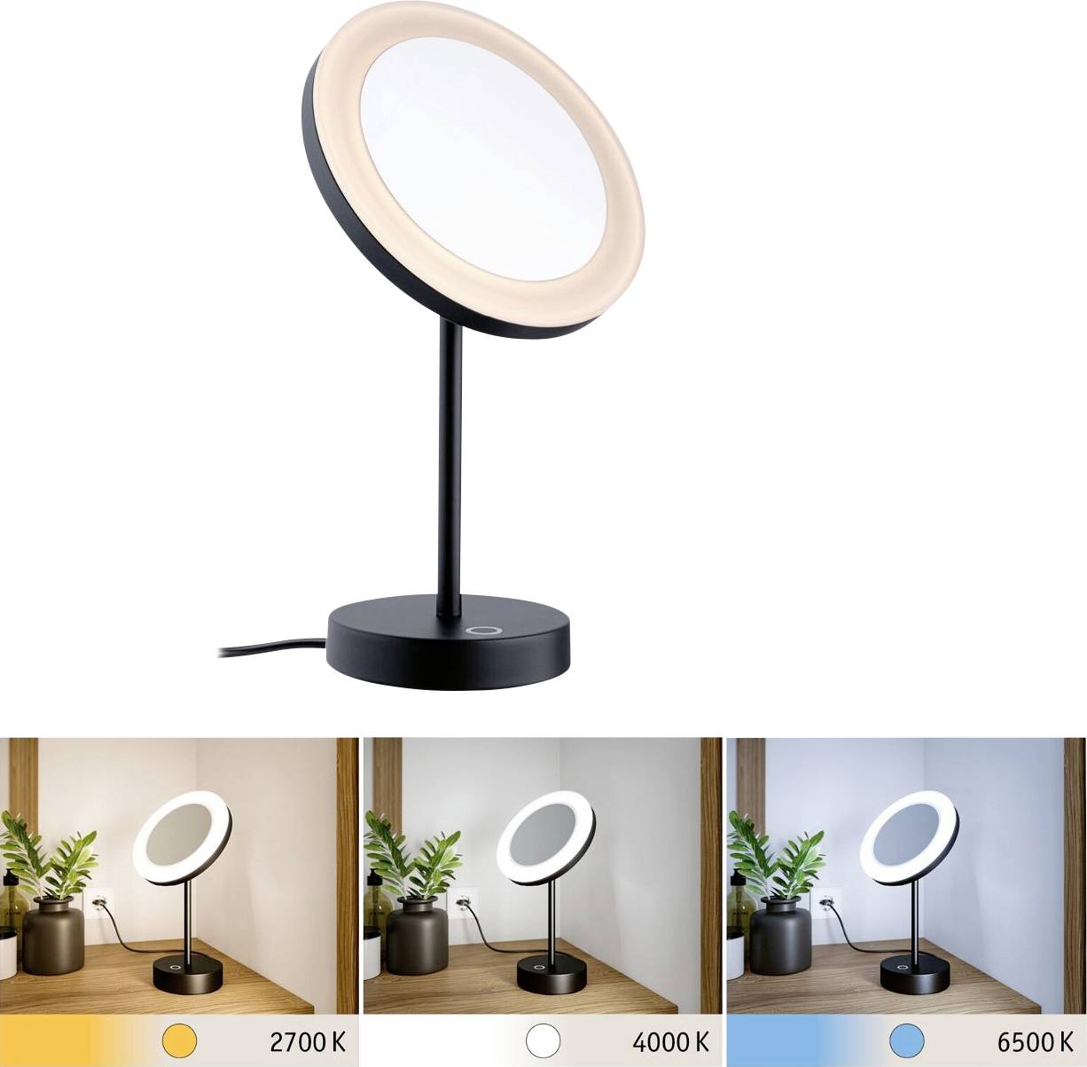 'Stolní lampa s nastavitelnou teplotou chromatičnosti: 2700 K, 4000 K, 6500 K. Rostliny v pozadí. Zobrazeny volitelné barvy osvětlení.'