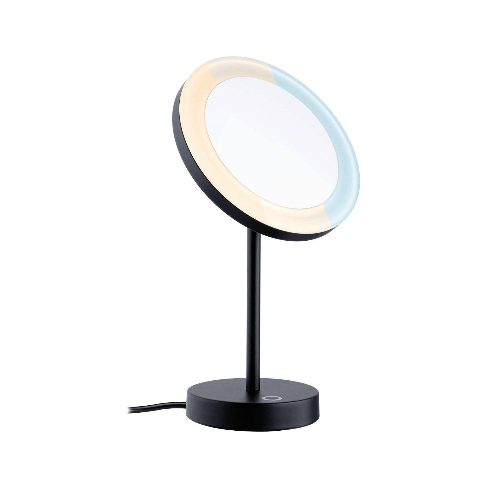 Černá stolní lampa s kulatým stínidlem, částečně vybavená modrým a béžovým osvětlením na okraji, umístěná na kulatém podstavci.