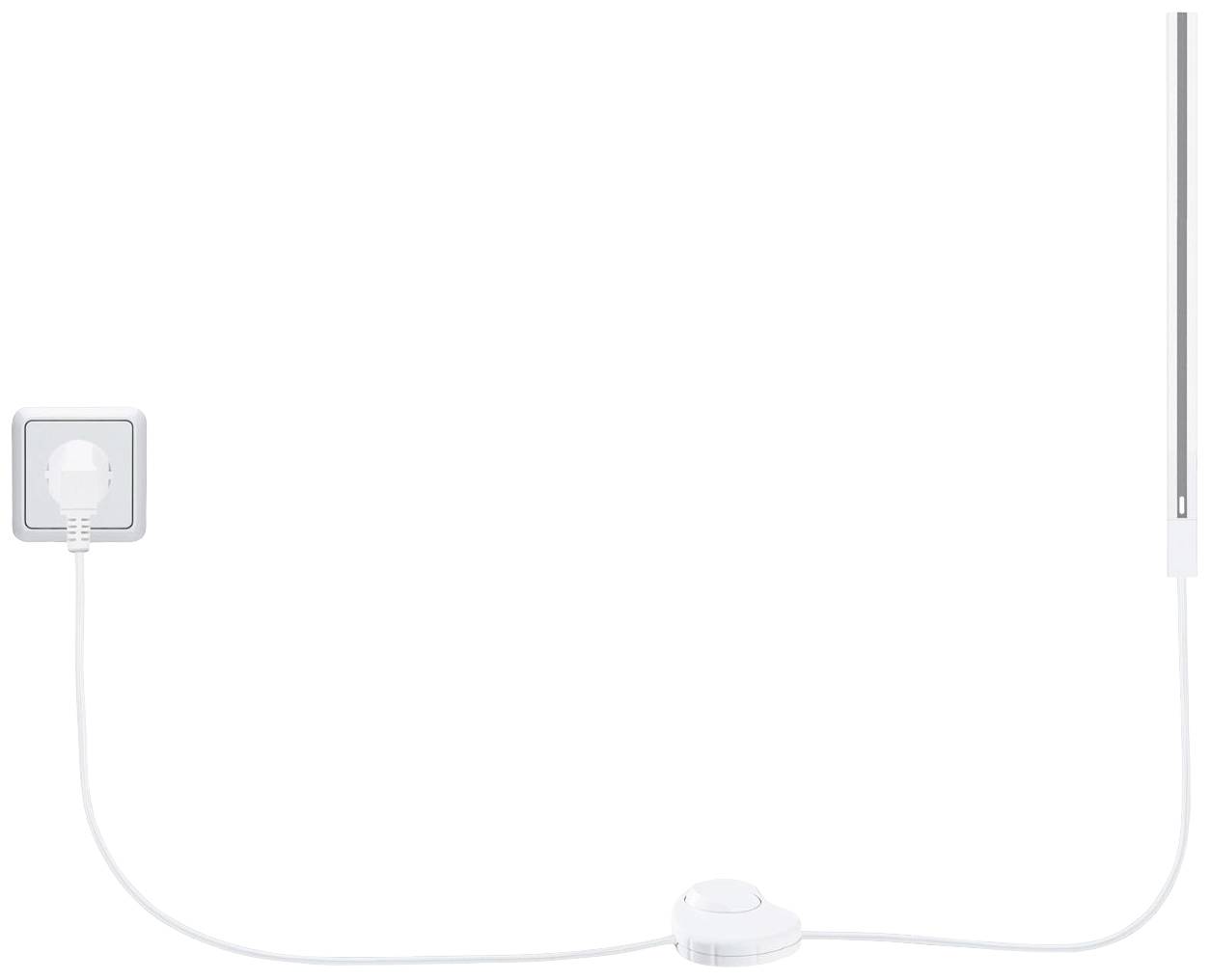 Elektrická zásuvka s připojeným bílým kabelem, který vede k kruhovému spínači a poté k úzké vertikální lampě.