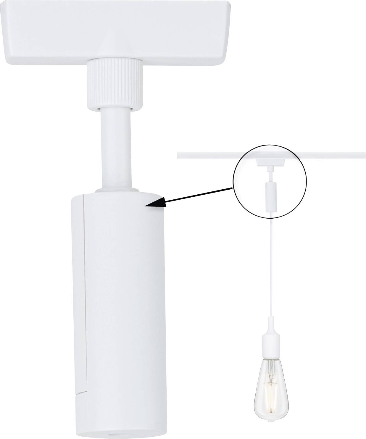 Bílý závěs lampy s válcovým pouzdrem, které se zasune do kolejnice. Pod ním visí kabel a drží žárovku.