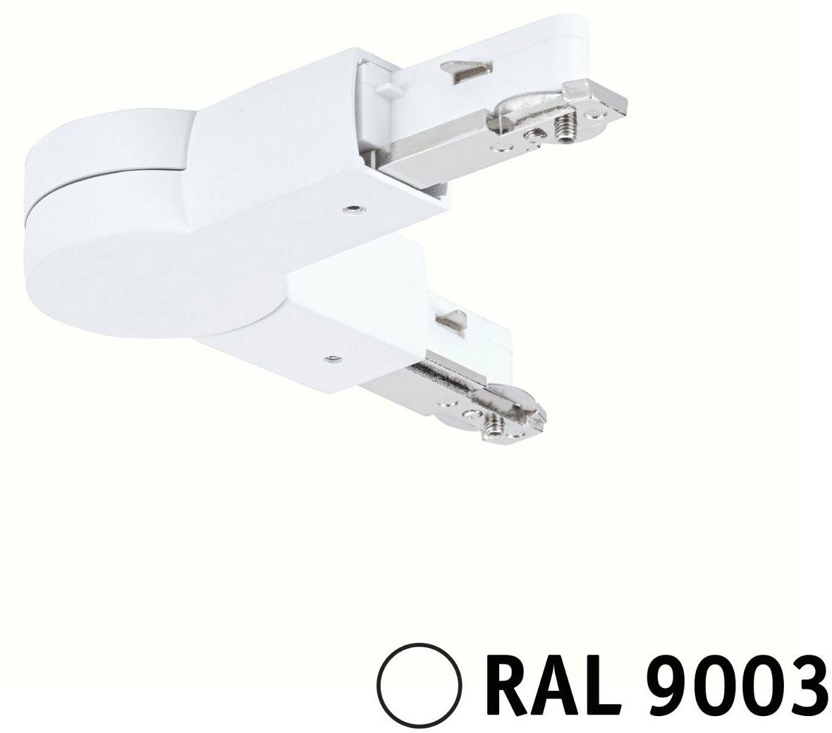 Bílý elektrický přepínač ze kovu. Dole je napsáno 'RAL 9003', což znamená barevné označení v barvě signální bílé.