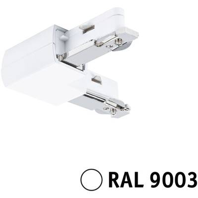 Bílý elektrický adaptér pro kolejnicové systémy, zastavuje uprostřed. Barevný odstín: RAL 9003.