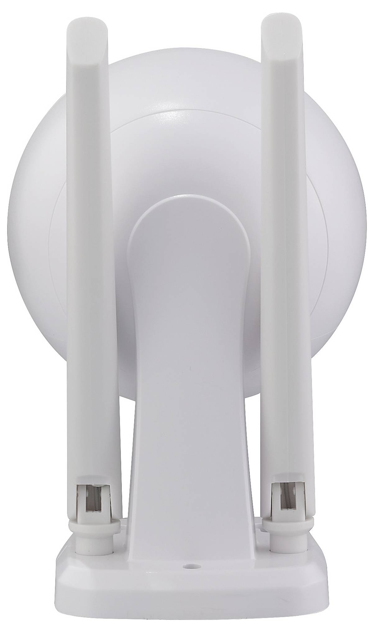 Pohled zezadu na bílý, válcovitý Wi-Fi extender se dvěma anténami. Zařízení je umístěno ve svislé poloze na rovném povrchu.