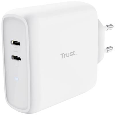 Bílá USB nabíječka od značky Trust se dvěma porty a modrým indikátorem stavu. Určená pro evropské elektrické zásuvky.