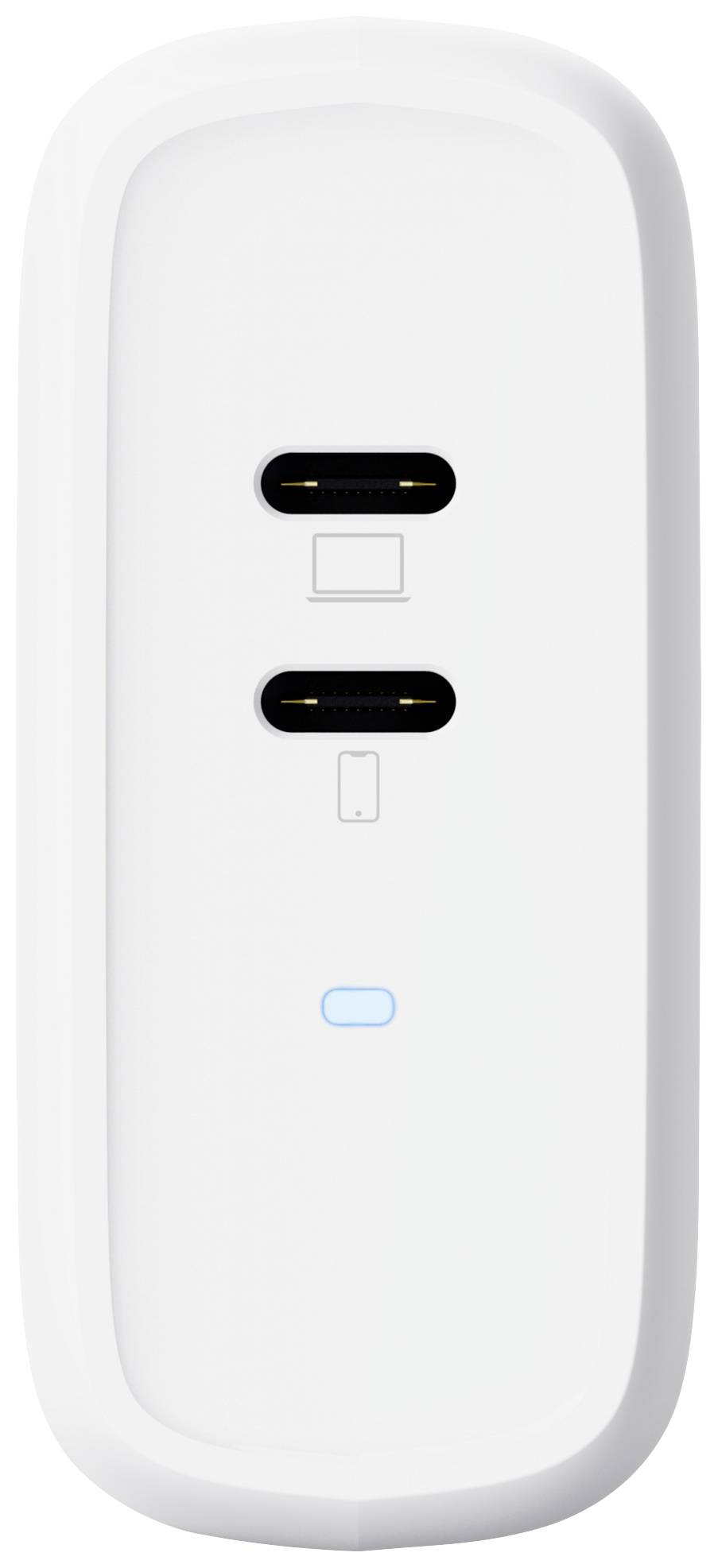 Bílá nástěnná zásuvka se dvěma USB-C porty a jedním širším konektorem pod nimi. Modrý světelný indikátor uprostřed.