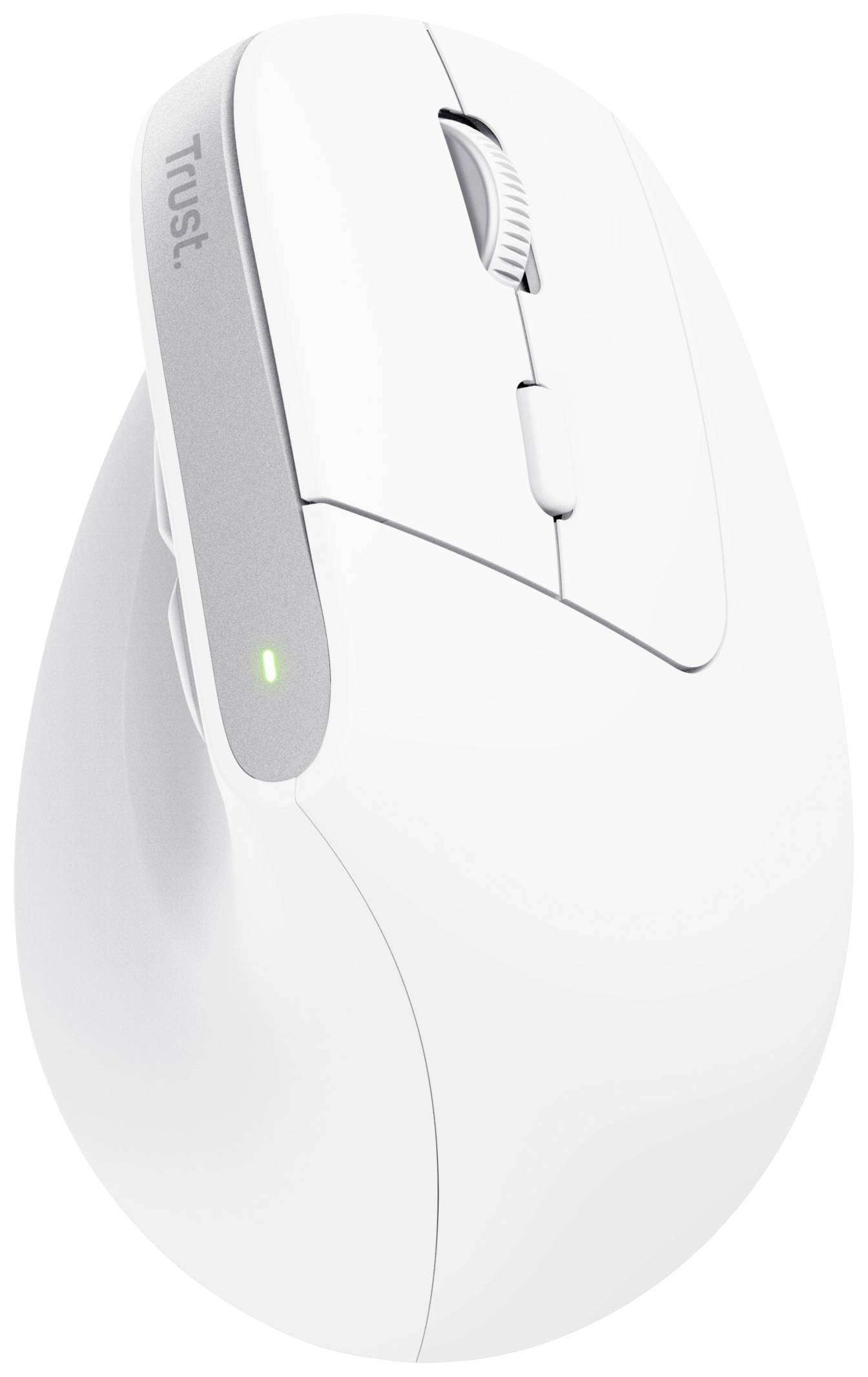 Bezdrátová ergonomická počítačová myš v bílé barvě s rolovacím kolečkem a dvěma tlačítky. LED světlo indikuje stav připojení.