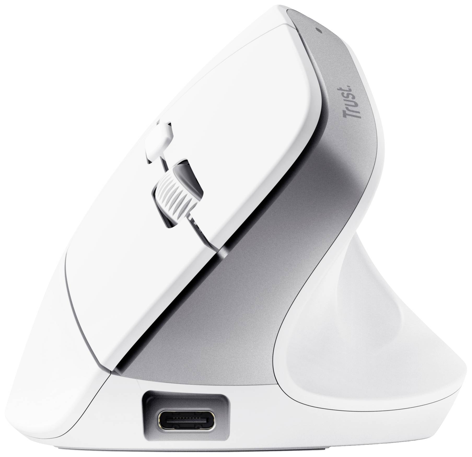 Vertikální ergonomická počítačová myš v bílé barvě s rolovacím kolečkem a USB-C připojením, vhodná pro pohodlnou polohu ruky.