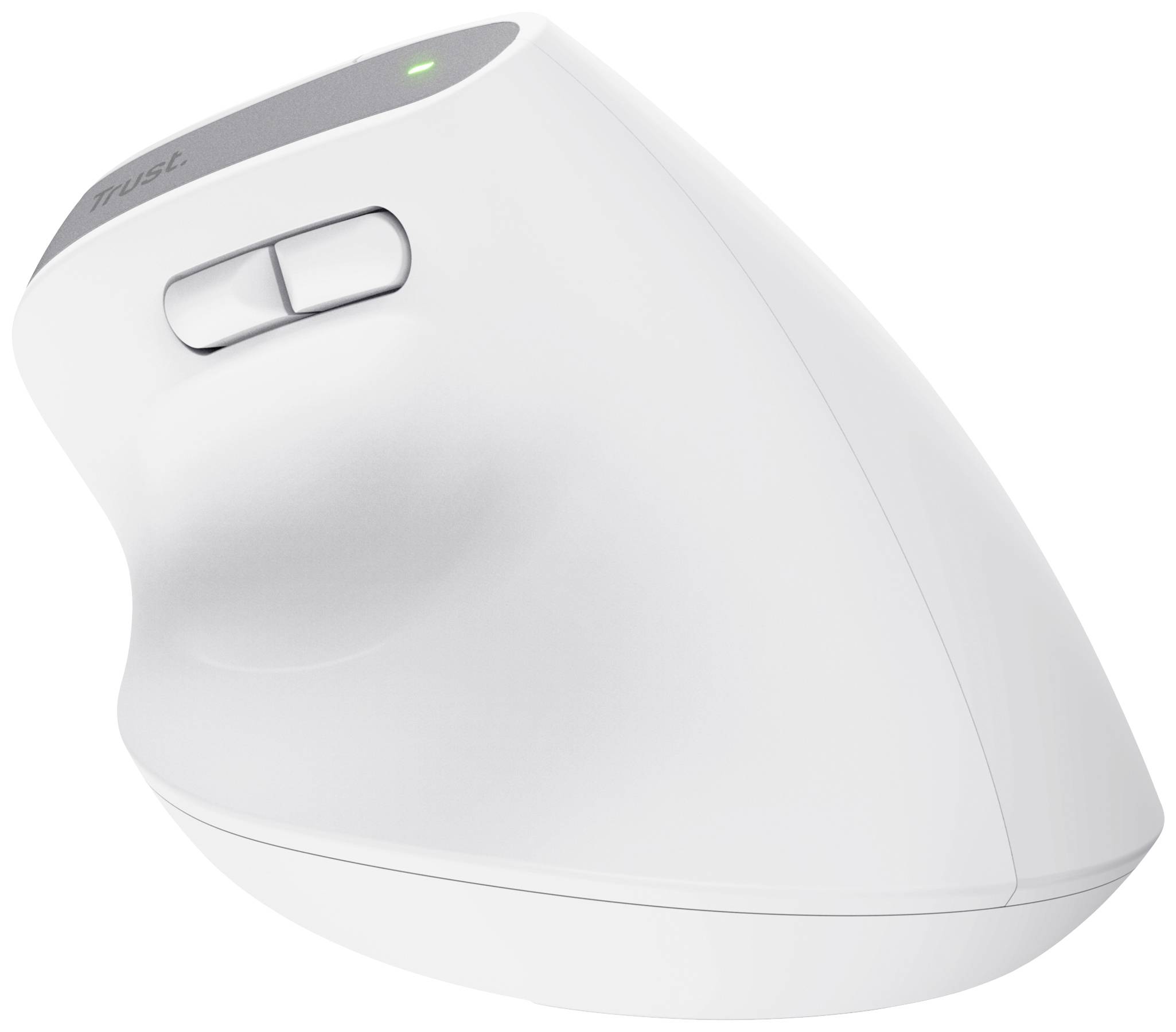 Vertikální bílá počítačová myš se dvěma tlačítky pro palec a jemně svítící LED indikátorem. Ergonomický design pro snížení namáhání ruky.